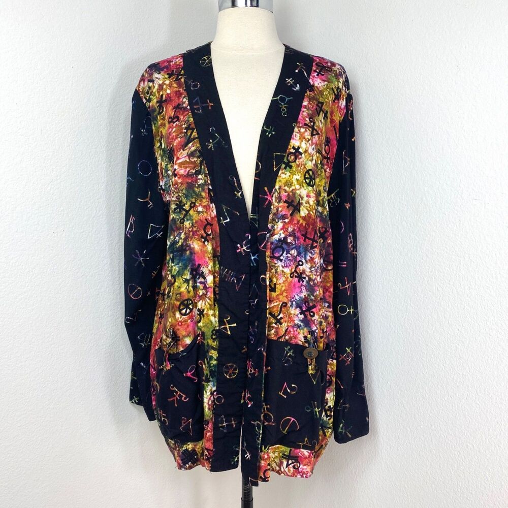 Vintage Flamingo Tye Dye Rayon Open Cardigan Top Medium Gypsy Magic Symbols Y2K